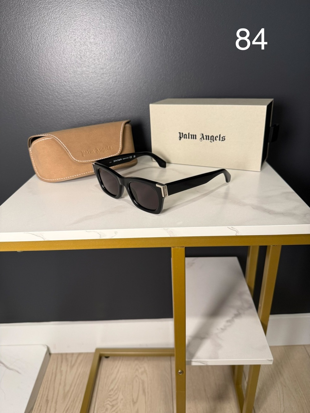 Palm Angels Black Sunglasses with Tan Case and Cream Box